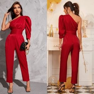 Shein One shoulder red tapered high waist jumpsuit